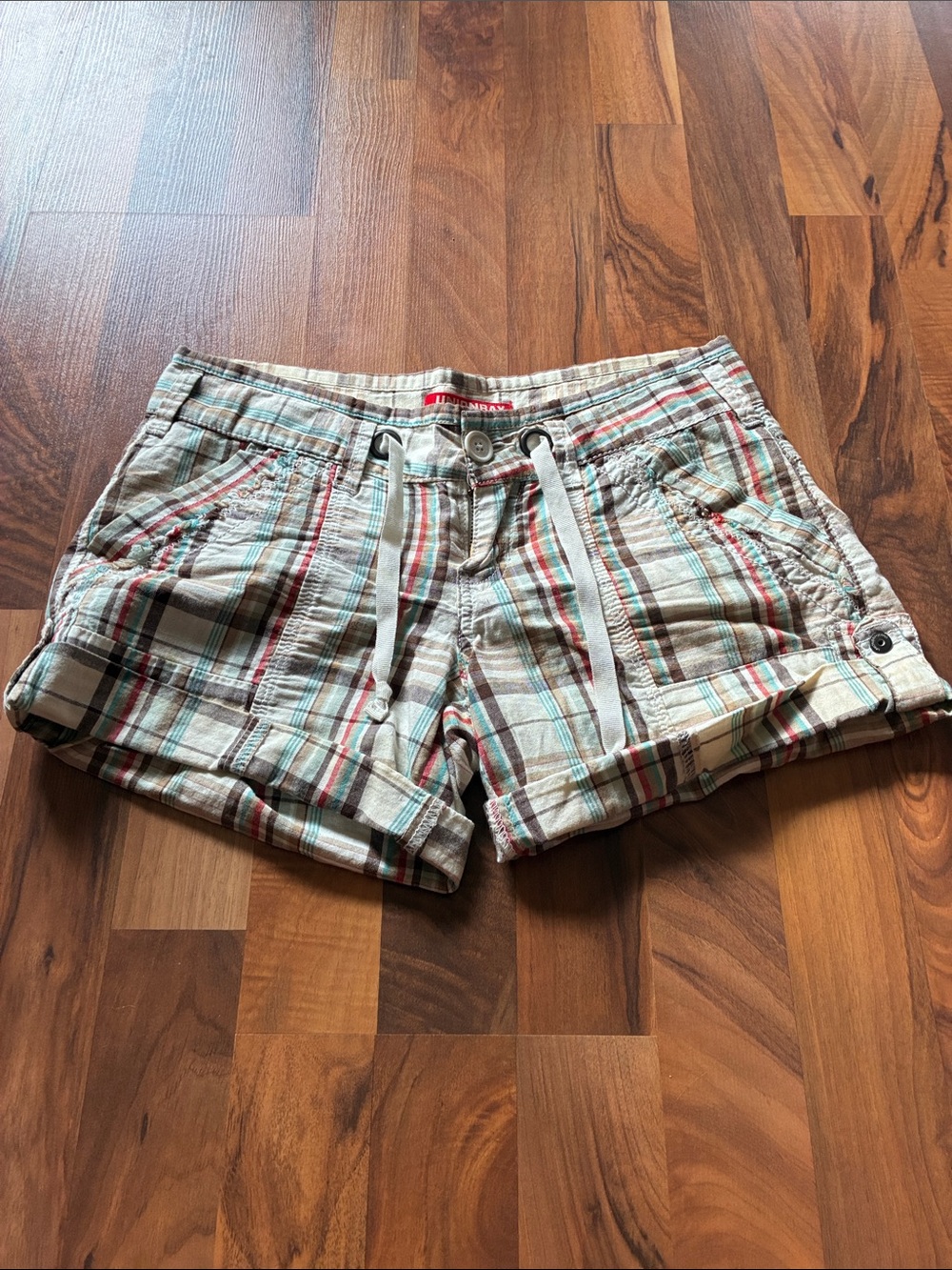 UNIONBAY Plaid Drawstring Women’s Shorts - Cream, Red & Teal